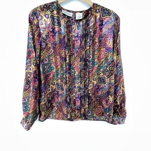 Vtg Silky Shirt Satin Blouse Sz 8 M Jewel Tone MultiColor Sparkle Pleated Career
